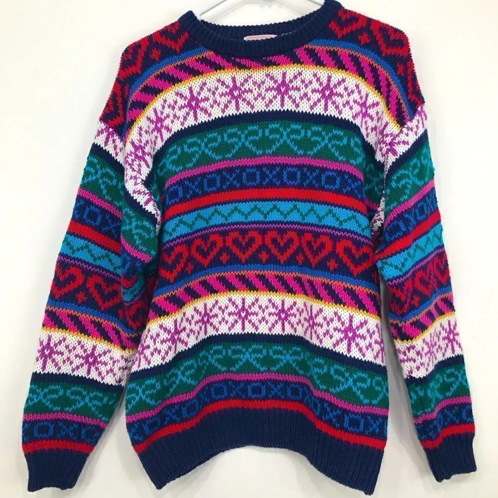 Ashley Colorful Design Stripe Knit Pullover Retro Crew Neck Sweater